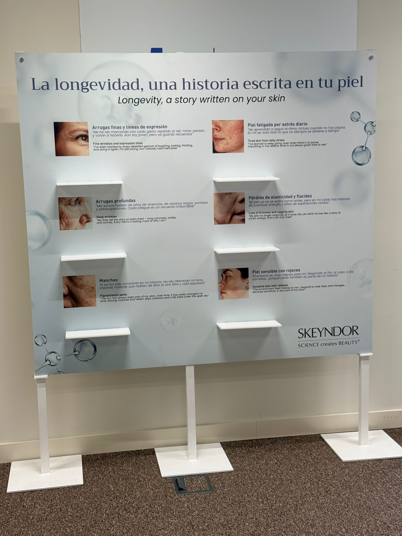 Panel didáctico de Skeyndor sobre los signos del envejecimiento cutáneo - longevidad de la piel